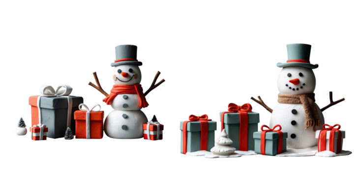 handmade clay snowmen with gift boxes in festive colors on a dark background showcasing holiday decorations and cheerful winter themes