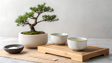 Minimalist composition with a bonsai tree and ceramic bowls arranged on the left side of a clean white surface, leaving empty copy space on the right. Ideal for product mockups, branding, and interior