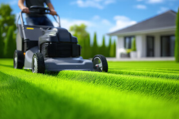 Lawn care expert operates mower on vibrant green grass. Well-maintained garden in bright daylight, creating inviting atmosphere. Concept of landscaping, gardening, outdoor living