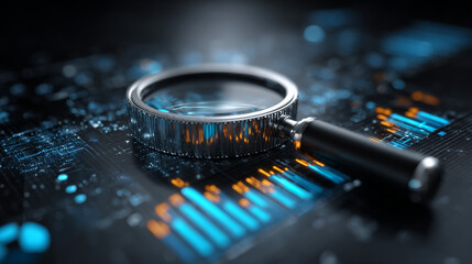 Magnifying glass hovers over digital data charts, symbolizing analysis and strategy