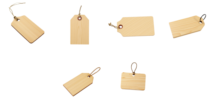 Assorted wooden tags with string attachments displayed on a transparent background in various orientations showcasing different shapes and sizes.