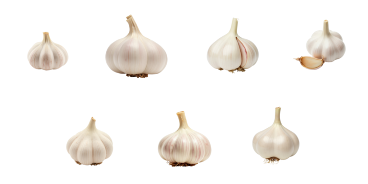 Various whole and broken garlic bulbs displayed on a transparent background showcasing their different shapes and sizes.