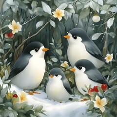 Obraz premium Charming penguin family nestled in snowy winter flora