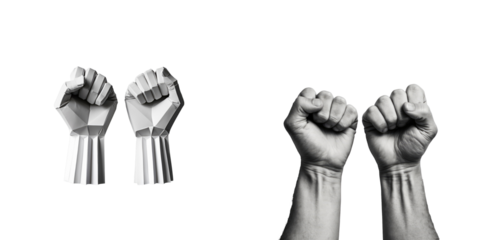 Two isolated raised fists in paper origami style and human hands demonstrating strength and solidarity on a transparent background.
