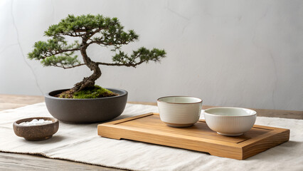 Minimalist composition with a bonsai tree and ceramic bowls arranged on the left side of a clean white surface, leaving empty copy space on the right. Ideal for product mockups, branding, and interior