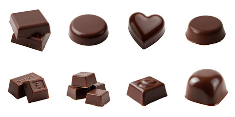 Assorted dark chocolate pieces in various shapes including squares, hearts, and rounds isolated on a transparent background for culinary or promotional use