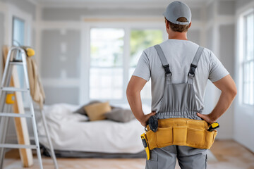 Man stands with back to camera in gray overalls, preparing for renovation in stylish living room. Bright sunlight filters through windows, creating inviting atmosphere