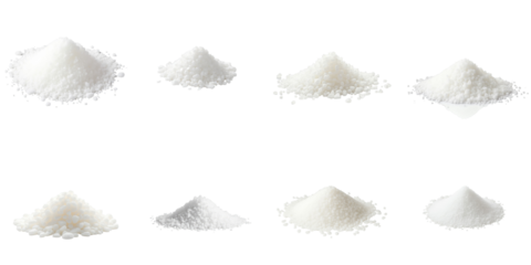 Assortment of different salt textures in various mounds arranged in a grid format isolated on a transparent background for culinary presentation or food related concepts