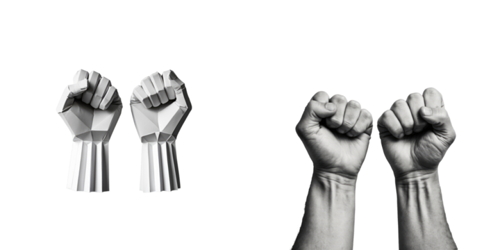 Two isolated raised fists in paper origami style and human hands demonstrating strength and solidarity on a transparent background.