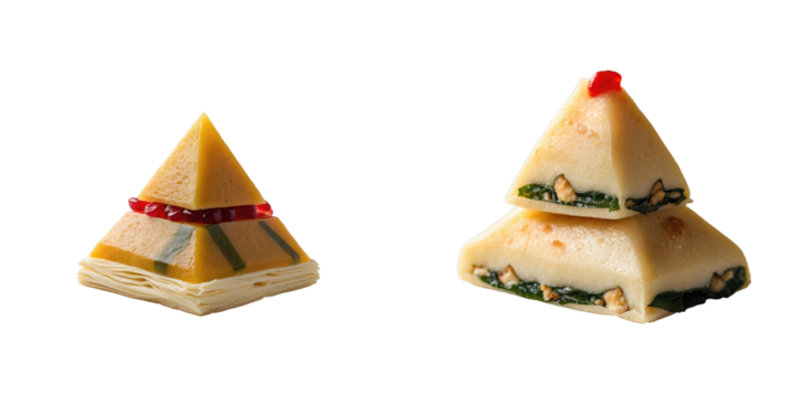 Sweet stuffed pyramid-shaped desserts Ka Nhom Tian from Thailand featuring colorful layers and fillings isolated on transparent background.