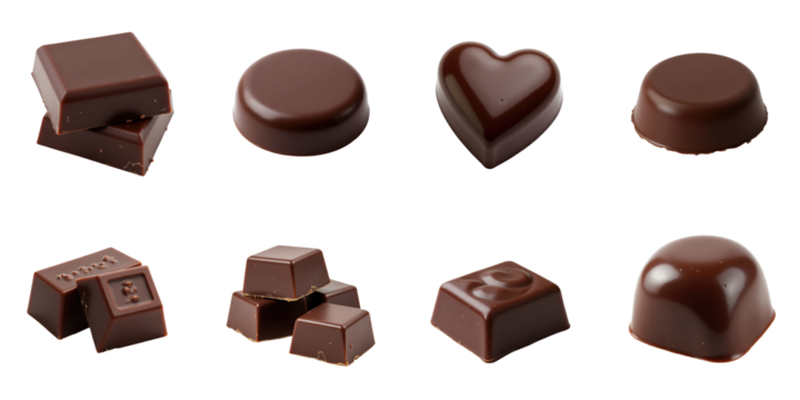 Assorted dark chocolate pieces in various shapes including squares, hearts, and rounds isolated on a transparent background for culinary or promotional use