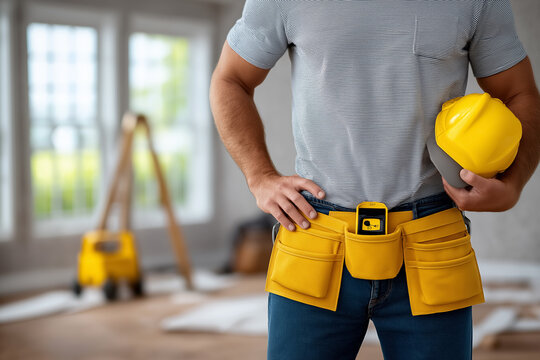 Skilled worker stands confidently wearing yellow tool belt while holding hard hat. Bright construction site with natural light showcasing materials and tools