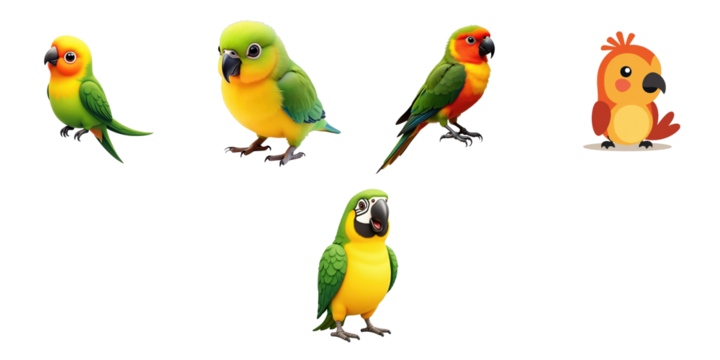 collection of colorful cartoon style parrots with various colors and poses isolated on transparent background ideal for graphic design and illustrations
