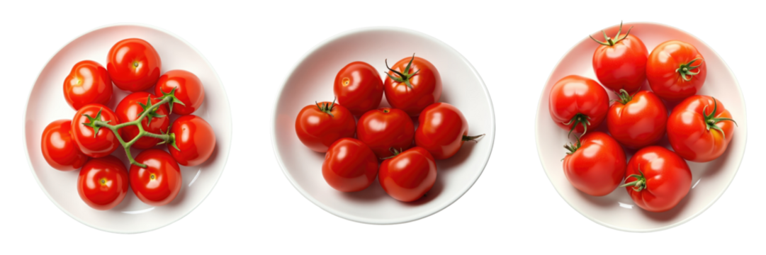 Fresh ripe cherry tomatoes arranged in three separate white plates against a transparent background, emphasizing their vibrant red color and glossy texture, with a focus on freshness and quality.