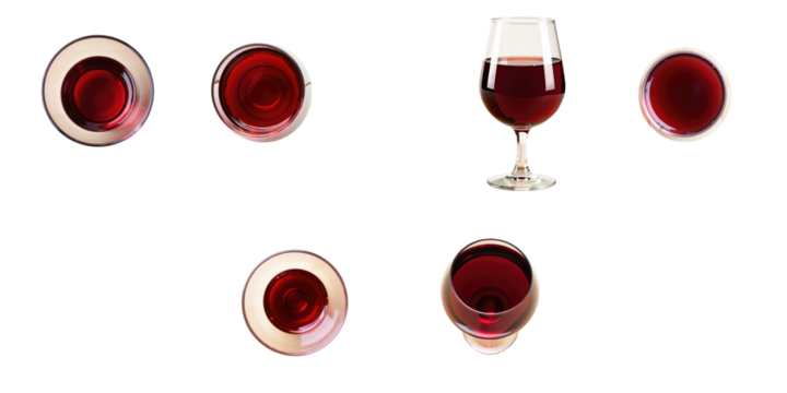 Various angles of red wine glasses including a full glass isolated on a transparent background offering a clear view and ample space for text and design elements. - Powered by Adobe