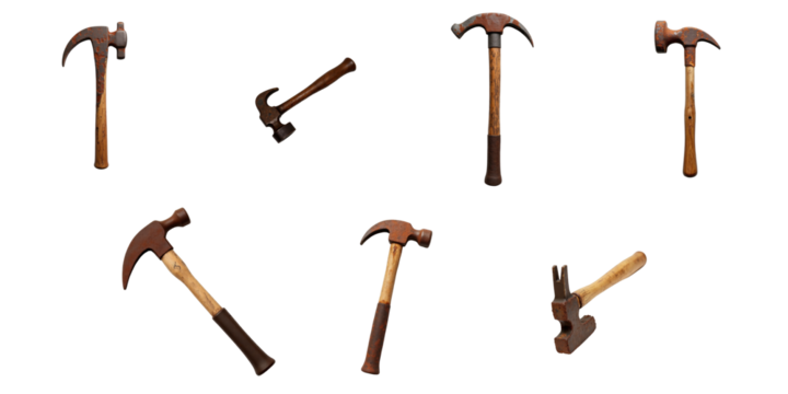 Collection of various rusted old steel hammers with wooden handles arranged on a transparent background showcasing different angles and views of each hammer