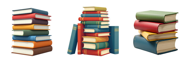 Collection of colorful stacked books with varying cover designs arranged on a transparent background, ideal for educational or literary themes.