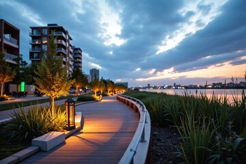 Fototapeta premium A wide shot of a sustainable co-housing community at dusk featuring energy-efficient homes shared green spaces and solar panels symbolizing a modern approach to communal living environmental responsib