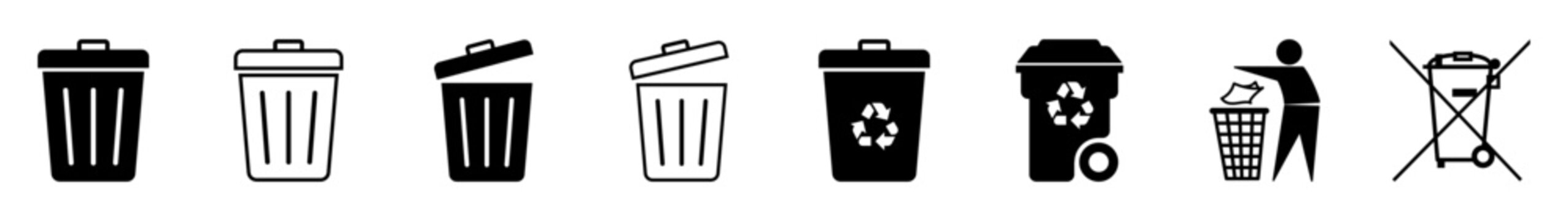 Set of recycling and trash bin icons including waste disposal, littering symbols, and recycle logos. Ideal for environment, waste management, and eco awareness designs. Icons, vector.