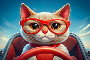 Cute cat driving a sports car wearing red glasses