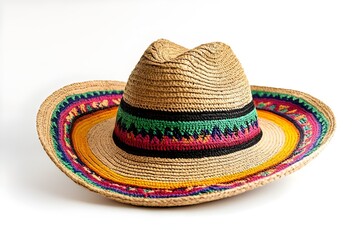 Beautiful straw hat with colorful embroidery on white background