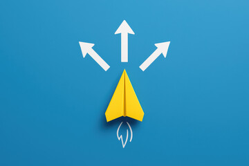 A vibrant concept progress and direction features a bright yellow paper airplane launching against a solid blue background symbolizing growth and strategic movement in business