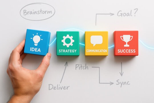A conceptual visualization captures the process developing an idea into a successful strategy through clear communication and coordinated efforts