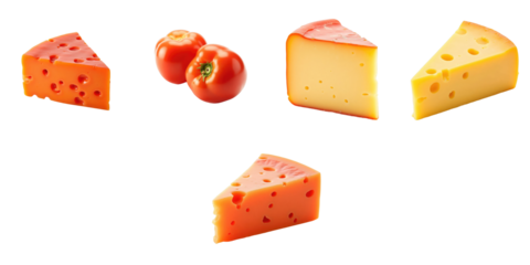 Assorted gouda cheese pieces in orange and yellow colors with whole cherry tomatoes isolated on a transparent background showcasing a close-up view.
