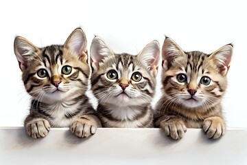 Three adorable tabby kittens peeking over a white surface