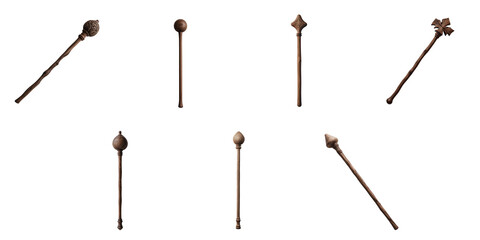 Assorted collection of wooden magic wands featuring various designs and finishes arranged on a dark background with transparency for versatility in graphic applications