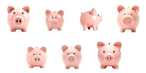 a collection of pink piggy banks displayed from various angles including front back and sides on a transparent background isolated from any distractions