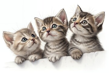 Three adorable kittens looking upward
