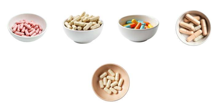 variety of pills and supplements in different bowls on a transparent background showcasing assorted colors and shapes of capsules and tablets