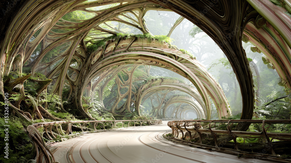 Poster a futuristic landscape showcases bioengineered structures intertwining with natural elements.