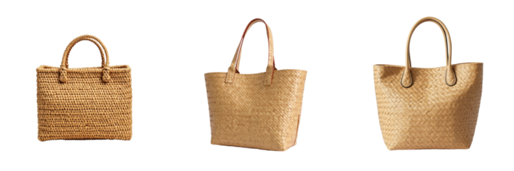 Various styles of handmade woven bags displayed on a transparent background showcasing intricate weave patterns and sturdy handles in natural tones.