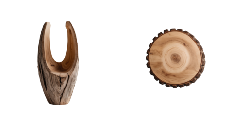Wood sculpture in two views including an abstract hollow vessel and a circular wood slice isolated on transparent background for design purposes.