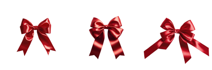 Three shiny red satin bows of varying styles isolated on a transparent background, showcasing different shapes and widths of the ribbon material.