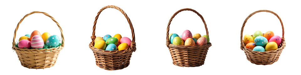 Woven baskets filled with various colorful hand-painted Easter eggs isolated on a transparent background showcasing different arrangements and colors of eggs