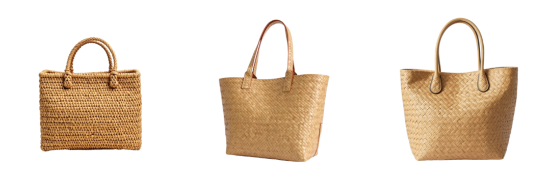 Various styles of handmade woven bags displayed on a transparent background showcasing intricate weave patterns and sturdy handles in natural tones.