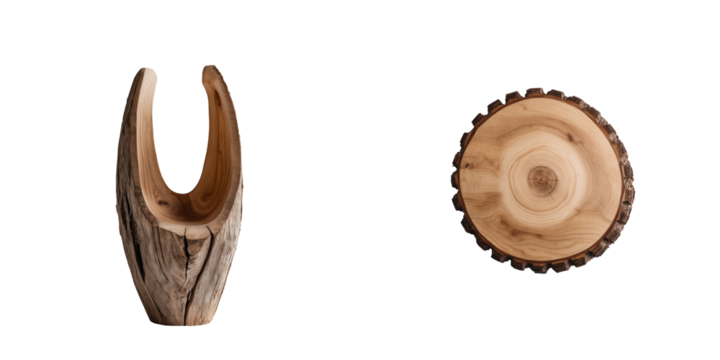 Wood sculpture in two views including an abstract hollow vessel and a circular wood slice isolated on transparent background for design purposes.