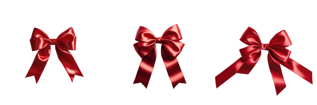 Three shiny red satin bows of varying styles isolated on a transparent background, showcasing different shapes and widths of the ribbon material.