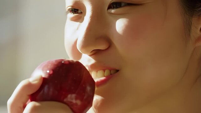 Close-up of Healthy Asian Woman Biting into a Fresh Red Apple