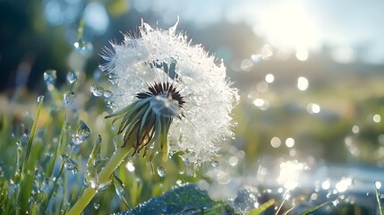 Dandelion seed head with water droplets and morning sunlight in the meadow