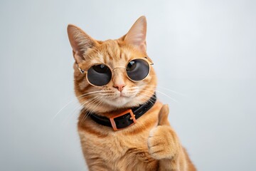Cool ginger cat wearing sunglasses giving thumbs up