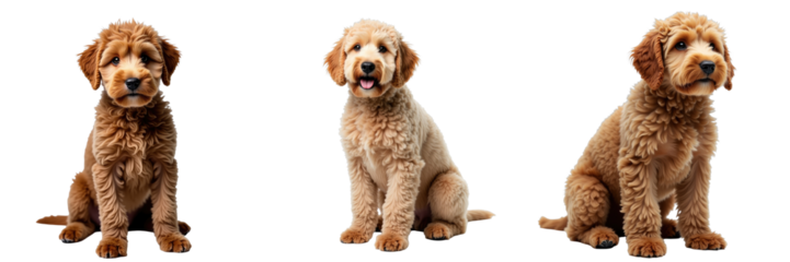 Three portraits of a young Lagotto Romagnolo dog, displaying distinct facial expressions and poses, isolated on a transparent background with a studio lighting effect.