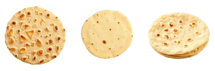 Homemade fresh wheat flour chapati or roti Indian flatbread variety displayed on transparent background showcasing unique textures and shapes of bread.