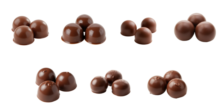 assorted chocolate bonbons in various shapes and sizes arranged on transparent background displaying rich brown color and glossy finish