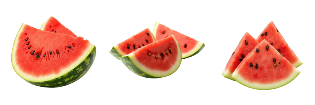 Fresh watermelon with multiple slices arranged on a transparent background featuring vibrant red flesh and green rind showcasing natural seeds - Powered by Adobe