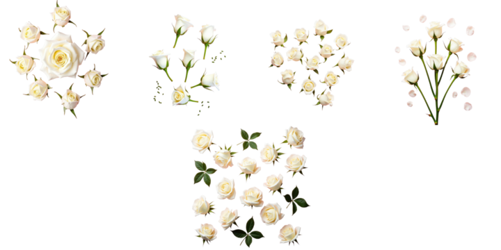 Transparent white rose buds arranged in various groupings on a transparent background. Flat lay composition with multiple angles and close-ups showcasing floral details.