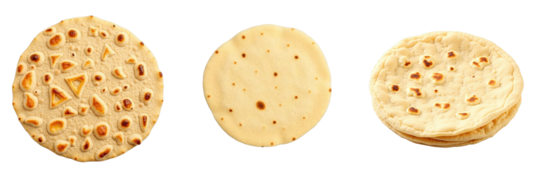 Homemade fresh wheat flour chapati or roti Indian flatbread variety displayed on transparent background showcasing unique textures and shapes of bread.